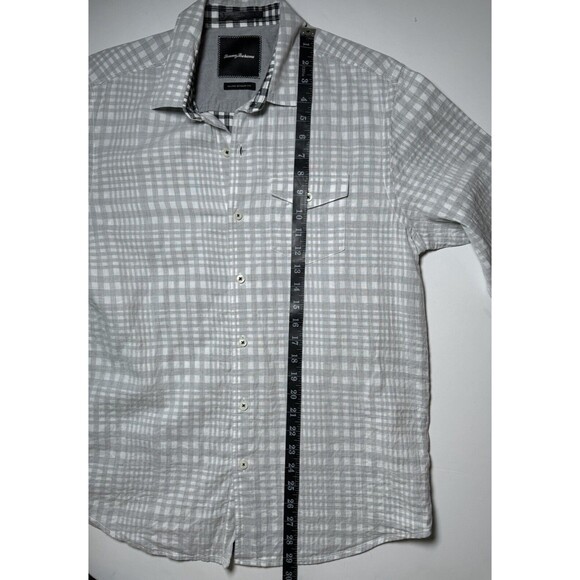Tommy Bahama Shirt Mens Medium Gray Island Modern Fit Reverse Print Plaid Aloha - Picture 10 of 14